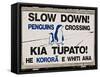 Sign Warning Drivers About Penguins in the Road, Wellington, North Island, New Zealand-Don Smith-Framed Stretched Canvas