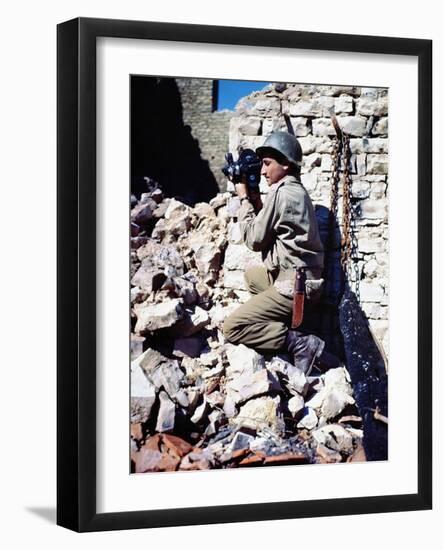 Signal Corps Photographer Sergeant Fred Bornet Filming a Town, Normandy, France, June 1944-null-Framed Photographic Print