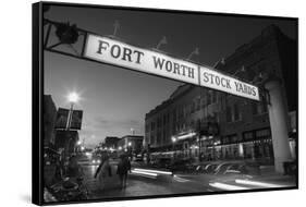 Signboard over a road at dusk, Fort Worth Stockyards, Fort Worth, Texas, USA-null-Framed Stretched Canvas