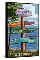 Signpost Destinations - Pewaukee Lake, Wisconsin-Lantern Press-Framed Stretched Canvas