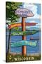 Signpost Destinations - Pewaukee Lake, Wisconsin-Lantern Press-Stretched Canvas