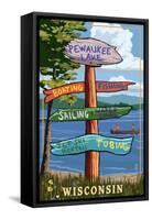 Signpost Destinations - Pewaukee Lake, Wisconsin-Lantern Press-Framed Stretched Canvas