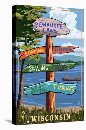 Signpost Destinations - Pewaukee Lake, Wisconsin-Lantern Press-Stretched Canvas