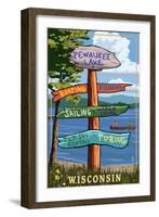 Signpost Destinations - Pewaukee Lake, Wisconsin-Lantern Press-Framed Art Print
