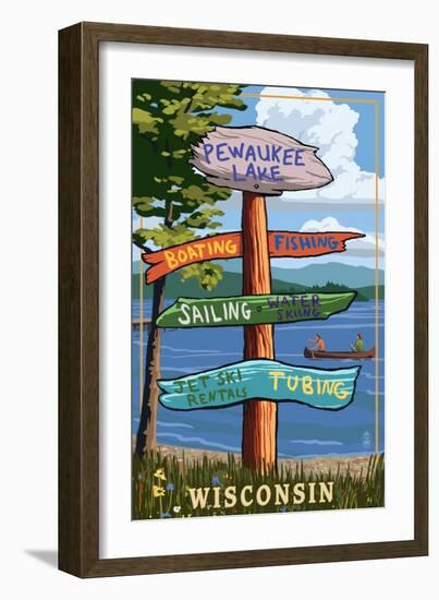 Signpost Destinations - Pewaukee Lake, Wisconsin-Lantern Press-Framed Art Print