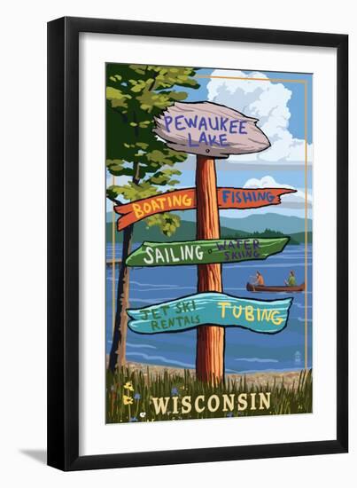 Signpost Destinations - Pewaukee Lake, Wisconsin-Lantern Press-Framed Art Print