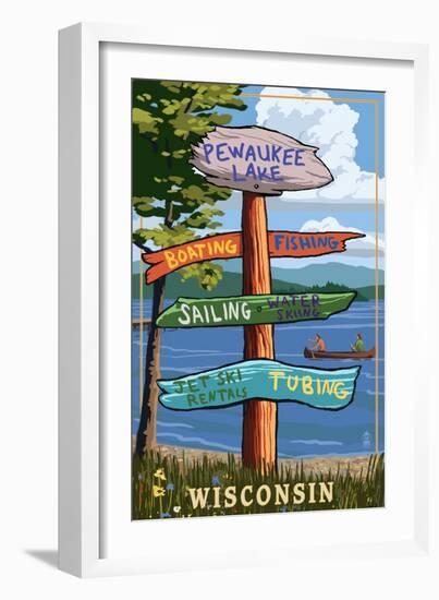 Signpost Destinations - Pewaukee Lake, Wisconsin-Lantern Press-Framed Art Print