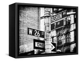 Signpost, Fashion Ave, Manhattan, New York City, United States, Black and White Photography-Philippe Hugonnard-Framed Stretched Canvas