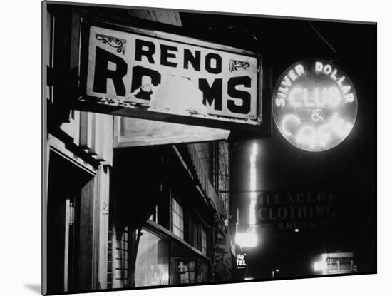 Signs for Reno Rooms, Silver Dollar Club, and Cafe at Night, for Workers of Grand Coulee Dam-Margaret Bourke-White-Mounted Photographic Print