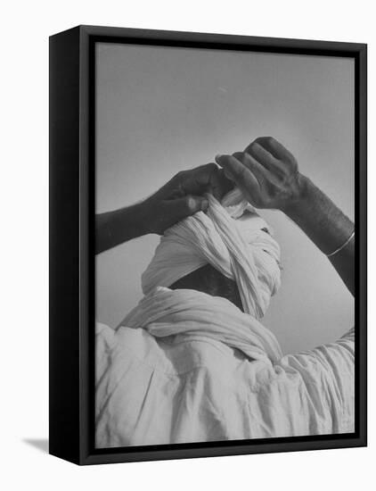 Sikh Man Demonstrating How He Finishes the Winding of His Traditional Turban around His Head-Margaret Bourke-White-Framed Stretched Canvas
