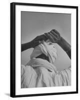 Sikh Man Demonstrating How He Finishes the Winding of His Traditional Turban around His Head-Margaret Bourke-White-Framed Photographic Print