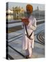 Sikh Pilgrim with Orange Turban, White Dress and Dagger, Reading Prayer Book, Amritsar-Eitan Simanor-Stretched Canvas