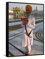 Sikh Pilgrim with Orange Turban, White Dress and Dagger, Reading Prayer Book, Amritsar-Eitan Simanor-Framed Stretched Canvas