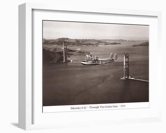 Sikorsky S-42 through the Golden Gate under Construction, San Francisco, 1935-Clyde Sunderland-Framed Art Print