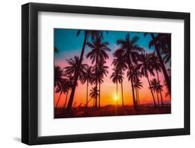 Silhouette Coconut Palm Trees on Beach at Sunset. Vintage Tone.-Nuttawut Uttamaharad-Framed Photographic Print