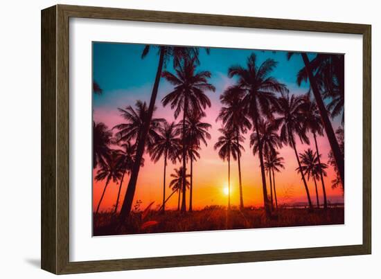 Silhouette Coconut Palm Trees on Beach at Sunset. Vintage Tone.-Nuttawut Uttamaharad-Framed Photographic Print