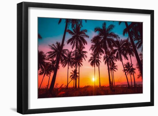 Silhouette Coconut Palm Trees on Beach at Sunset. Vintage Tone.-Nuttawut Uttamaharad-Framed Photographic Print