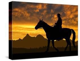 Silhouette Cowboy with Horse in the Sunset-volrab vaclav-Stretched Canvas