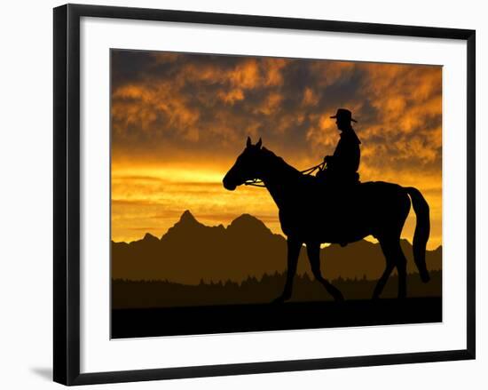 Silhouette Cowboy with Horse in the Sunset-volrab vaclav-Framed Premium Photographic Print