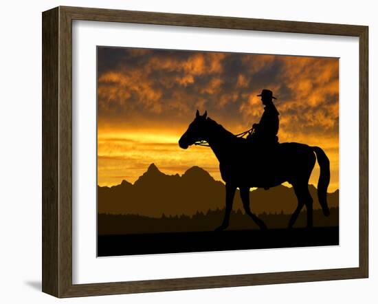 Silhouette Cowboy with Horse in the Sunset-volrab vaclav-Framed Photographic Print