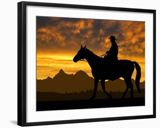 Silhouette Cowboy with Horse in the Sunset-volrab vaclav-Framed Photographic Print