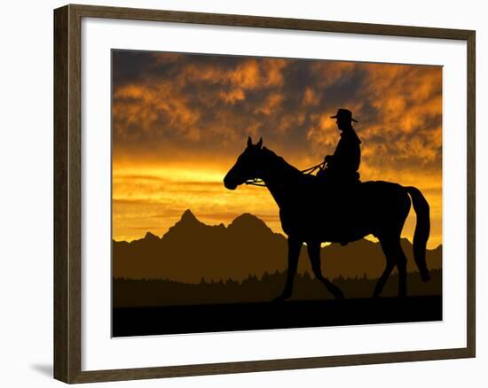 Silhouette Cowboy with Horse in the Sunset-volrab vaclav-Framed Photographic Print