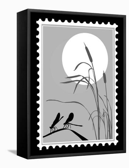 Silhouette Dragonfly On Postage Stamps-basel101658-Framed Stretched Canvas