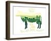 Silhouette of a Cow Combined with the Rural Landscape on a White Background and Inscriptions.-Rustic-Framed Art Print