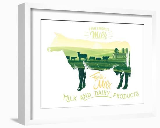 Silhouette of a Cow Combined with the Rural Landscape on a White Background and Inscriptions.-Rustic-Framed Art Print