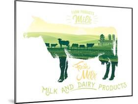 Silhouette of a Cow Combined with the Rural Landscape on a White Background and Inscriptions.-Rustic-Mounted Art Print