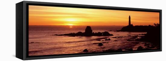 Silhouette of a Lighthouse at Sunset, Pigeon Point Lighthouse, San Mateo County, California, USA-null-Framed Stretched Canvas