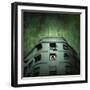 Silhouette of a Man and Woman Kissing in a Window of a Large Building with TV Ariels on the Roof-Luis Beltran-Framed Photographic Print