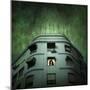 Silhouette of a Man and Woman Kissing in a Window of a Large Building with TV Ariels on the Roof-Luis Beltran-Mounted Photographic Print