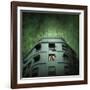 Silhouette of a Man and Woman Kissing in a Window of a Large Building with TV Ariels on the Roof-Luis Beltran-Framed Photographic Print