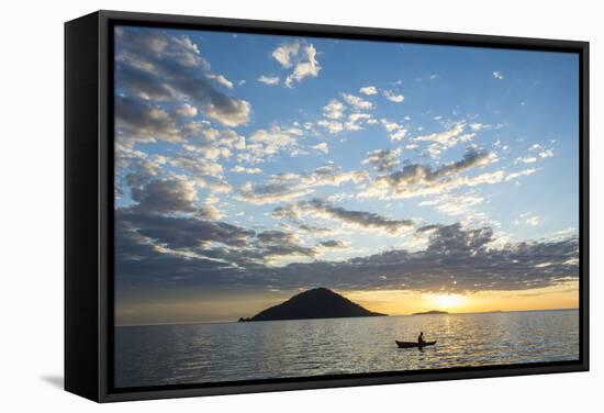 Silhouette of a Man in a Little Fishing Boat at Sunset, Cape Malcear, Lake Malawi, Malawi, Africa-Michael Runkel-Framed Stretched Canvas