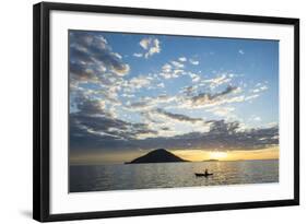 Silhouette of a Man in a Little Fishing Boat at Sunset, Cape Malcear, Lake Malawi, Malawi, Africa-Michael Runkel-Framed Photographic Print