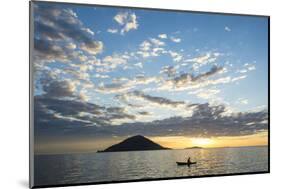 Silhouette of a Man in a Little Fishing Boat at Sunset, Cape Malcear, Lake Malawi, Malawi, Africa-Michael Runkel-Mounted Photographic Print