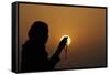 Silhouette of a Muslim woman holding prayer beads in her hands and praying at sunset-Godong-Framed Stretched Canvas