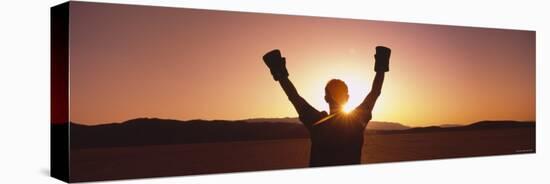 Silhouette of a Person Wearing Boxing Gloves in a Desert at Dusk, Black Rock Desert, Nevada, USA-null-Stretched Canvas