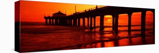 Silhouette of a Pier at Sunset, Manhattan Beach Pier, Manhattan Beach, Los Angeles County, CA-null-Stretched Canvas