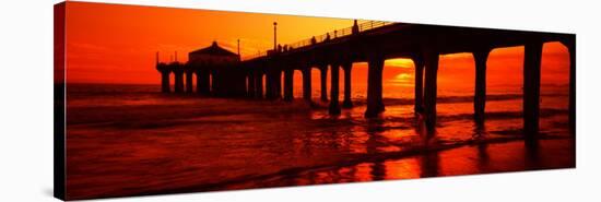 Silhouette of a Pier at Sunset, Manhattan Beach Pier, Manhattan Beach, Los Angeles County, CA-null-Stretched Canvas