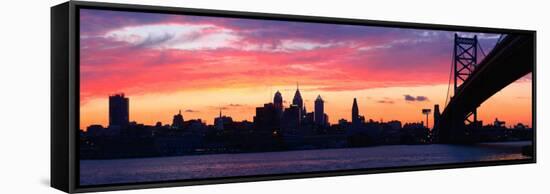 Silhouette of a Suspension Bridge across a River, Ben Franklin Bridge, Delaware River-null-Framed Stretched Canvas