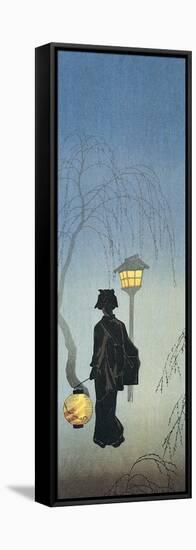 Silhouette of a Woman Holding a Japanese Lantern and Walking-null-Framed Stretched Canvas