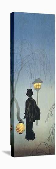 Silhouette of a Woman Holding a Japanese Lantern and Walking-null-Stretched Canvas