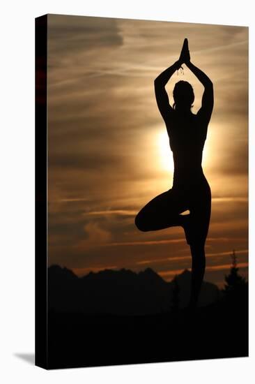 Silhouette of a woman in Vrkasana (tree pose) practising yoga against the light of the evening sun-Godong-Stretched Canvas