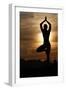 Silhouette of a woman in Vrkasana (tree pose) practising yoga against the light of the evening sun-Godong-Framed Photographic Print