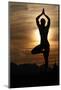 Silhouette of a woman in Vrkasana (tree pose) practising yoga against the light of the evening sun-Godong-Mounted Photographic Print