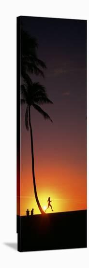 Silhouette of a Woman Running on the Beach, Magic Island, Hawaii, USA-null-Stretched Canvas