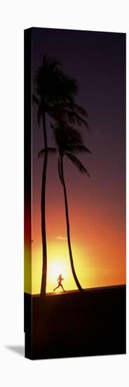 Silhouette of a Woman Running on the Beach, Magic Island, Hawaii, USA-null-Stretched Canvas