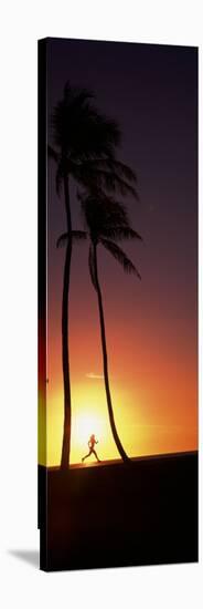 Silhouette of a Woman Running on the Beach, Magic Island, Hawaii, USA-null-Stretched Canvas